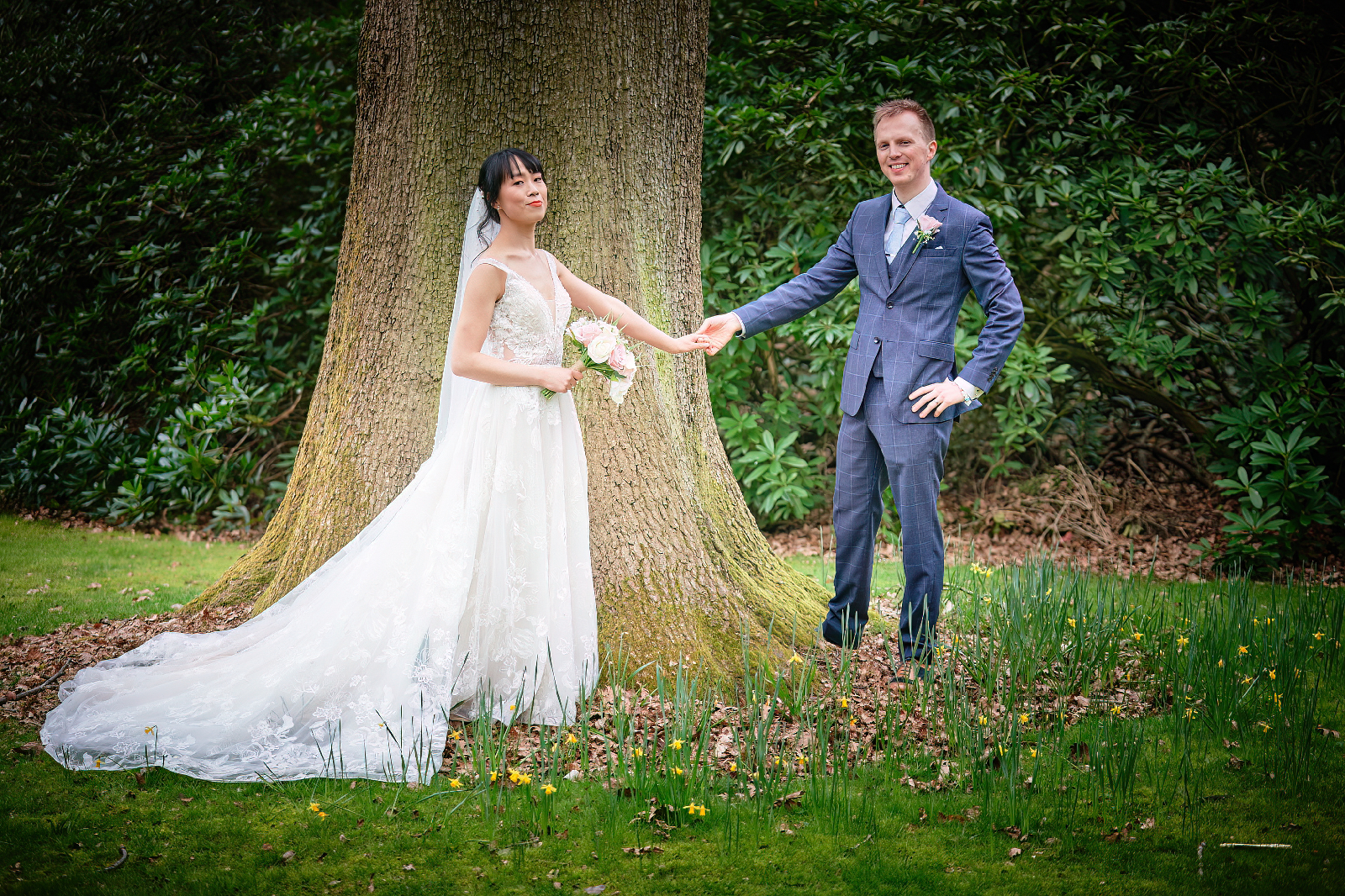 Wedding photography of bride and groom in gardens by Go360 Studios Rochdale